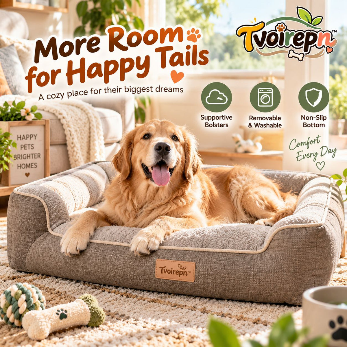 Tvoirepn™ HearthRest Large Dog Bed — Hand-Finished Supportive Bolster Pet Lounger