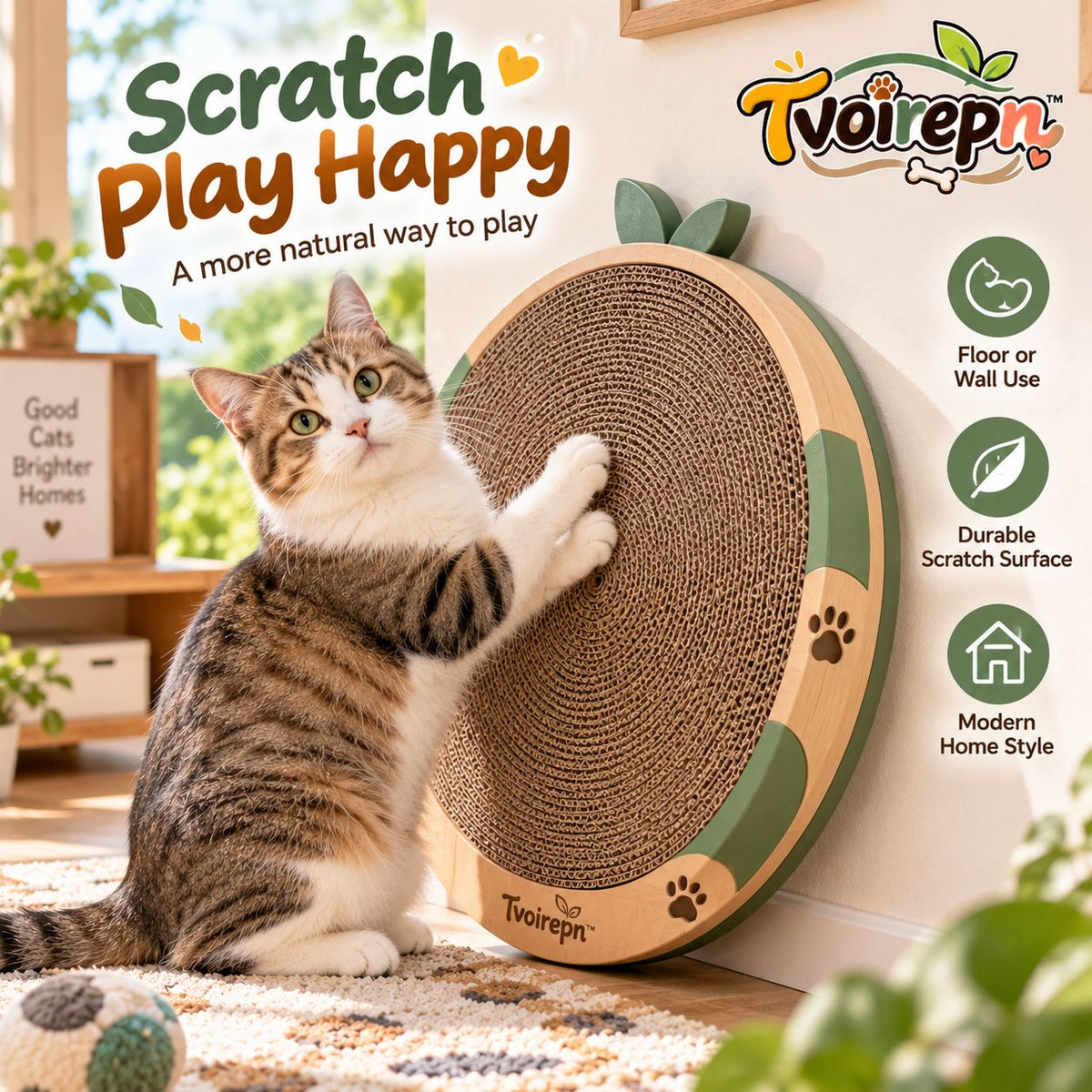 Tvoirepn™ OrbitScratch Round Cat Scratcher — Floor & Wall Convertible Corrugated Scratch Board