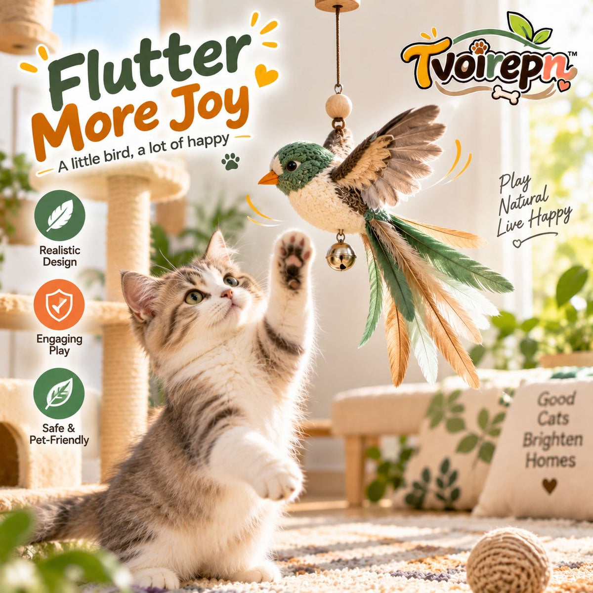 Tvoirepn™ FlutterBird Hanging Cat Toy — Adjustable Hand-Finished Fabric Bird Teaser