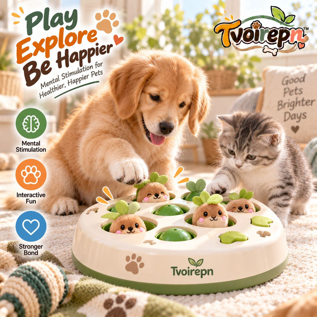 Tvoirepn™ PeekPounce Whack-a-Mole Cat & Dog Puzzle Toy — Interactive Paw Game